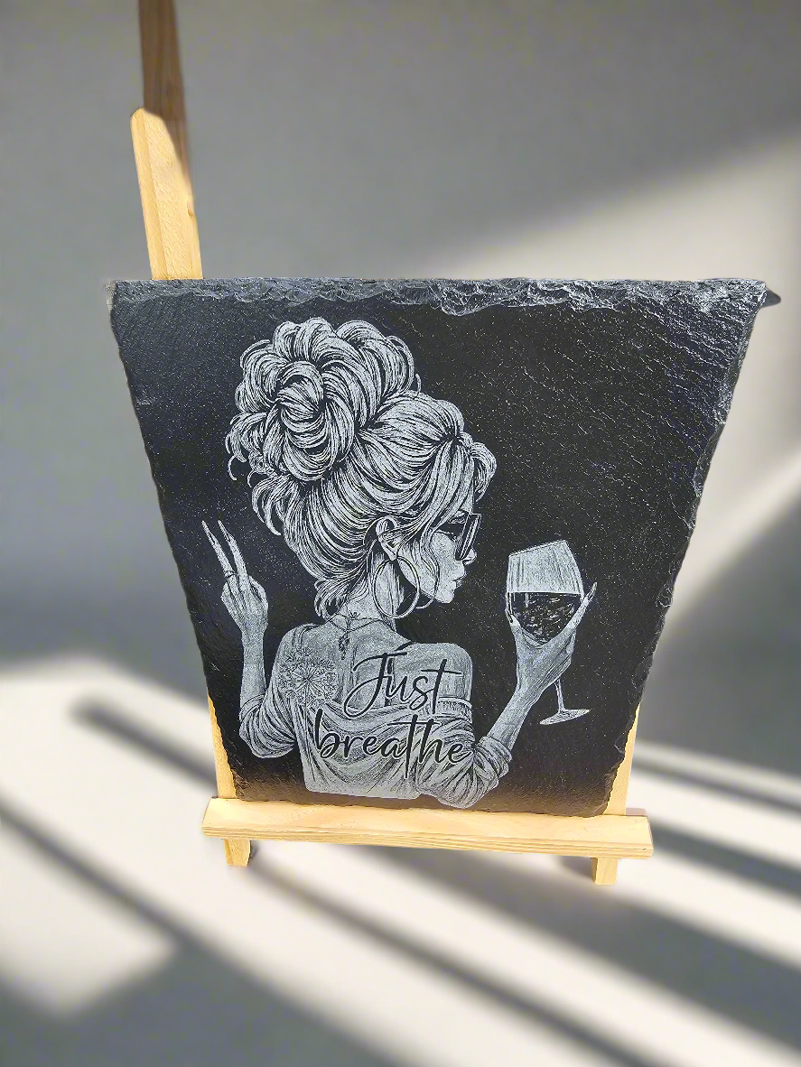 slate Laser Engraved Plaque – “Just Breathe” Woman with Wine & Peace
