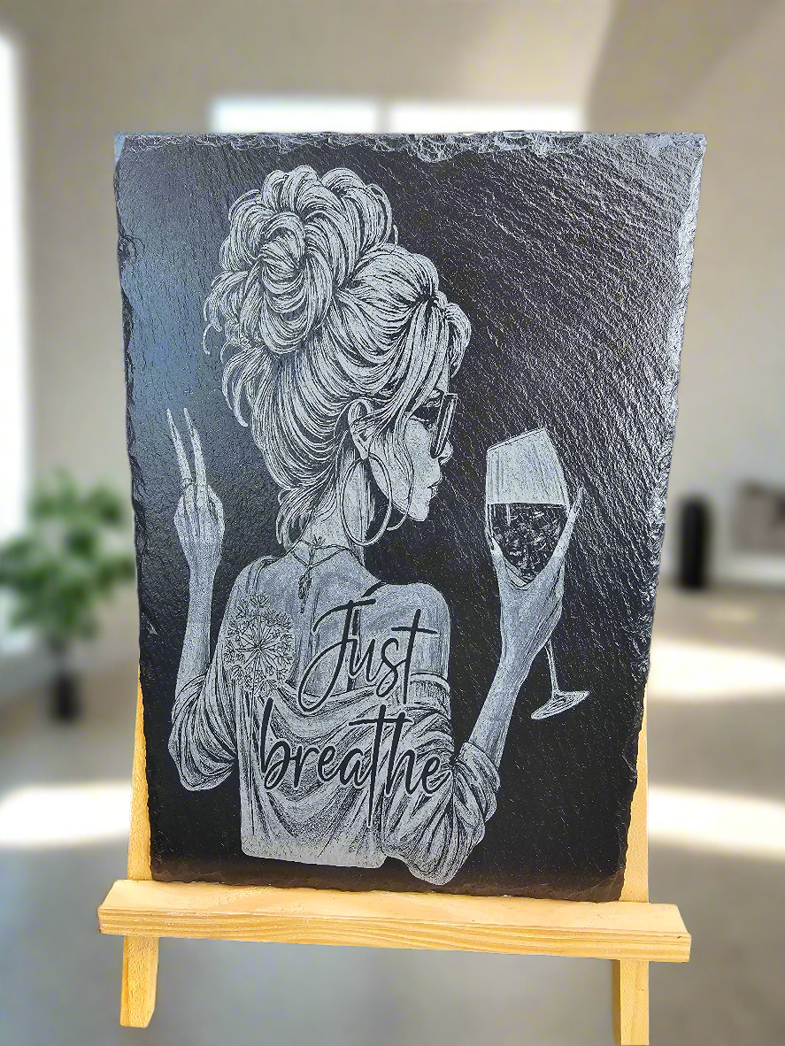slate Laser Engraved Plaque – “Just Breathe” Woman with Wine & Peace