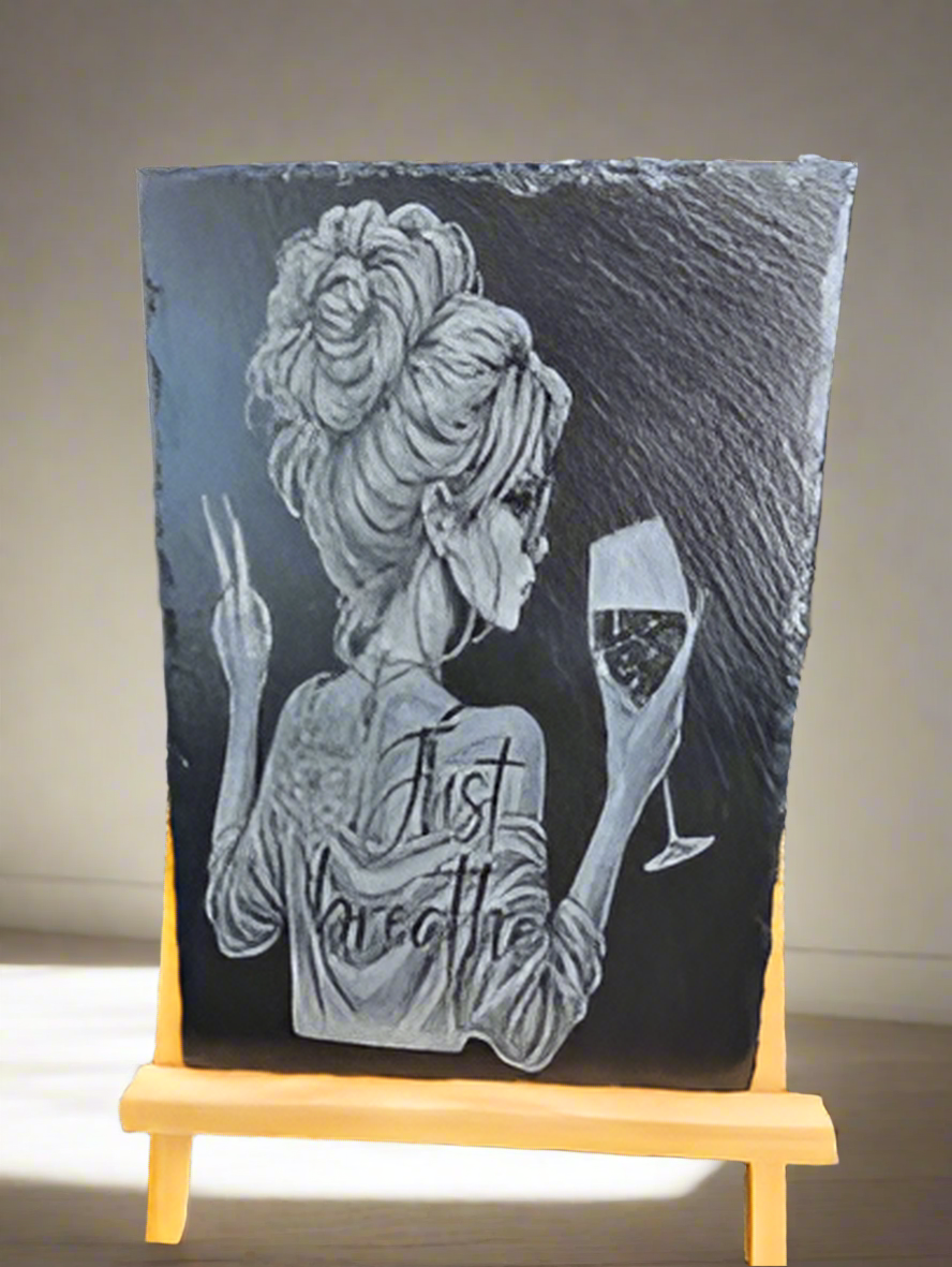 slate Laser Engraved Plaque – “Just Breathe” Woman with Wine & Peace