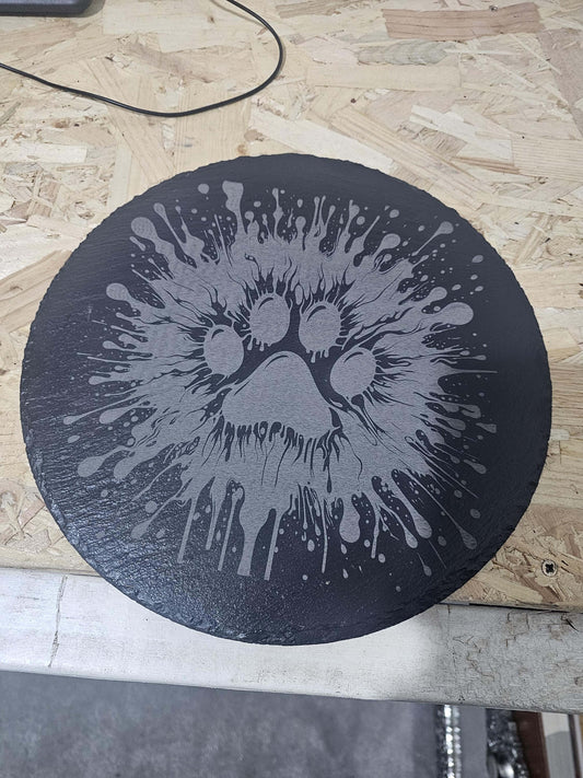 slate Paw Print Splash Engraved | Round Pet Memorial Plaque