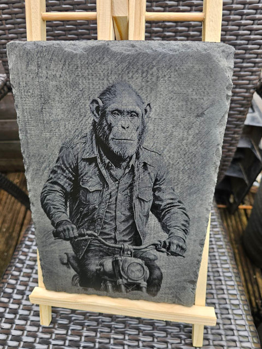 slate Funny Biker Chimp Art Laser Engraved Animal Plaque for Man Cave