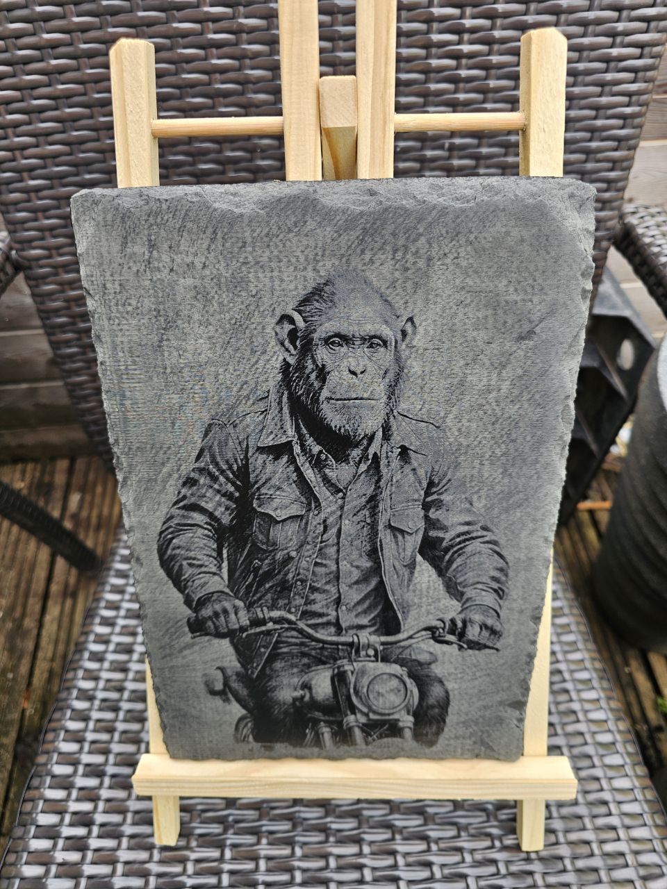 slate Funny Biker Chimp Art Laser Engraved Animal Plaque for Man Cave