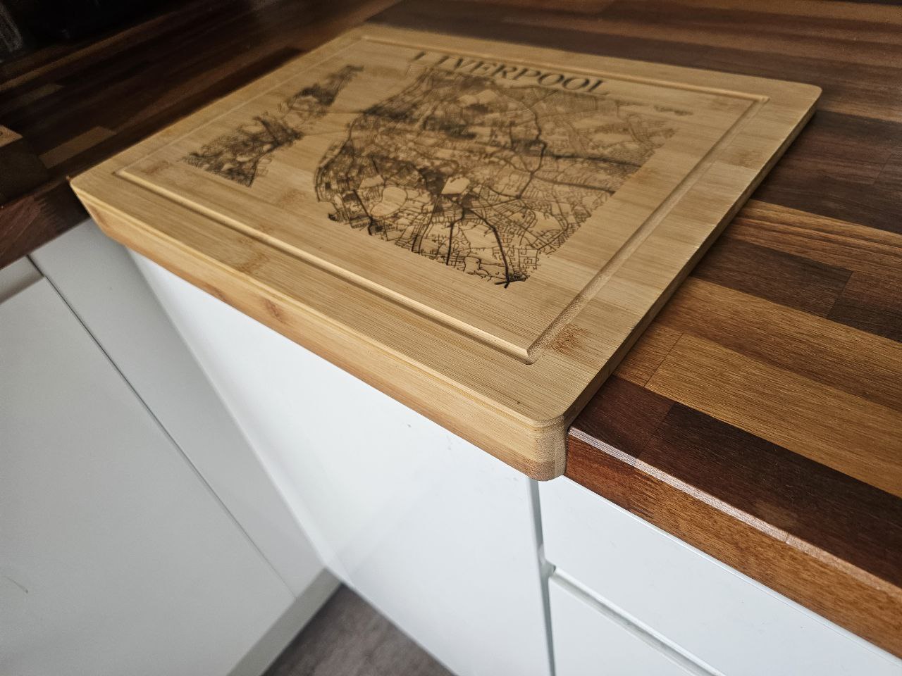 chopping board. Liverpool City Map – Laser Engraved Bamboo Kitchen Gift