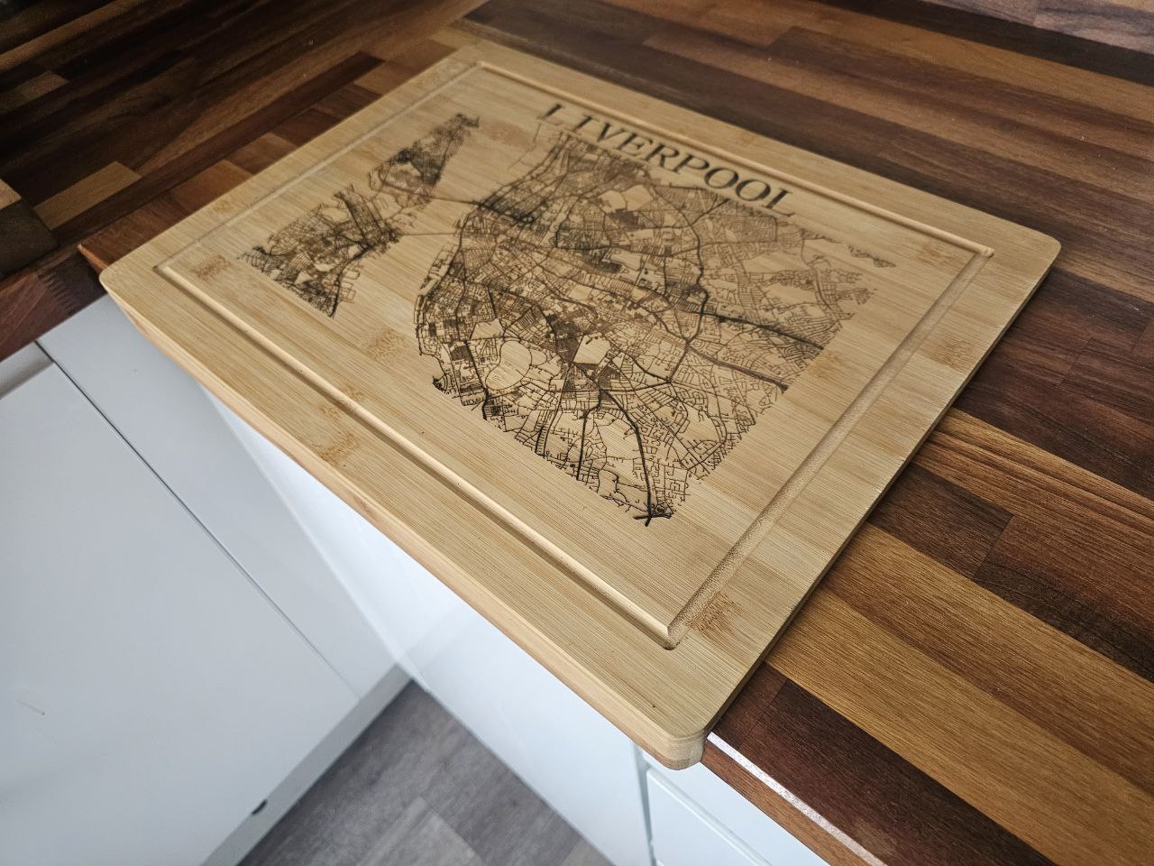 chopping board. Liverpool City Map – Laser Engraved Bamboo Kitchen Gift