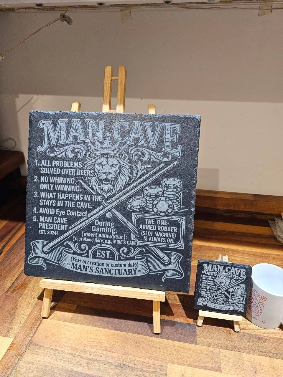 Personalised Man Cave Slate Coaster 10cm x 10cm featuring a vintage lion design and humorous man cave rules.