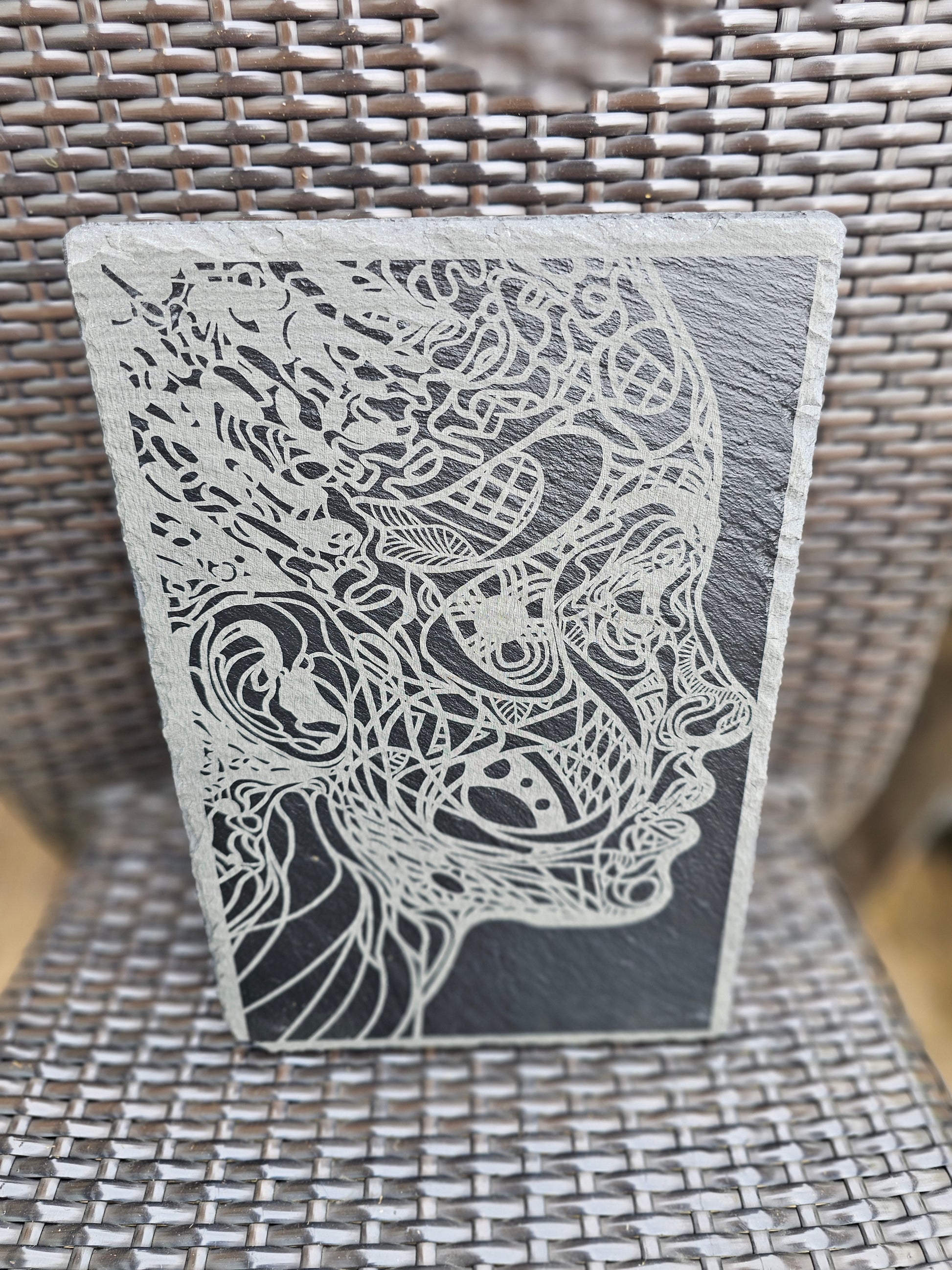 slate Abstract Face Art – Laser Engraved Line Drawing Wall Plaque