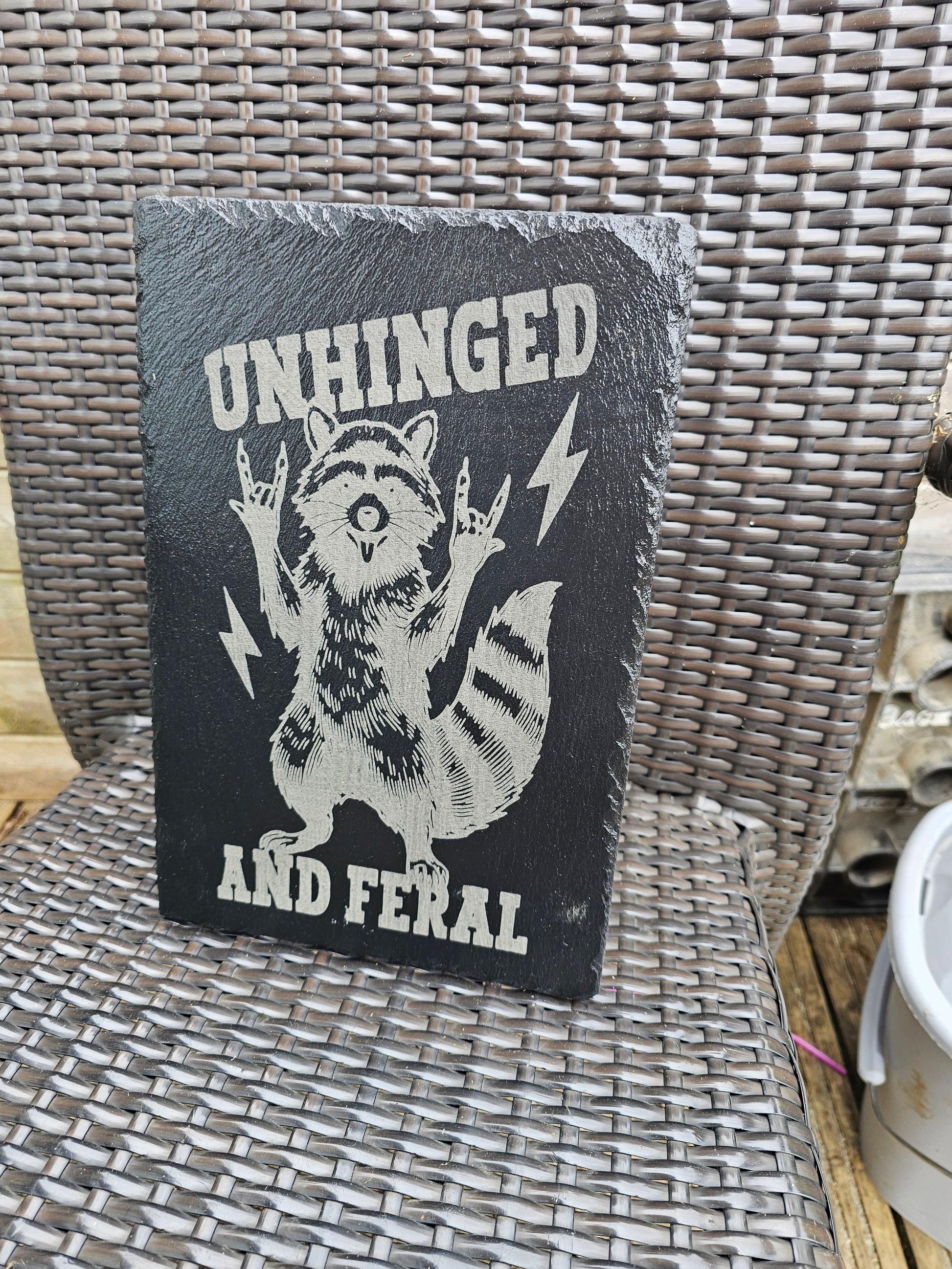 slate Unhinged and Feral Sign – Funny Laser Engraved Raccoon Wall Art