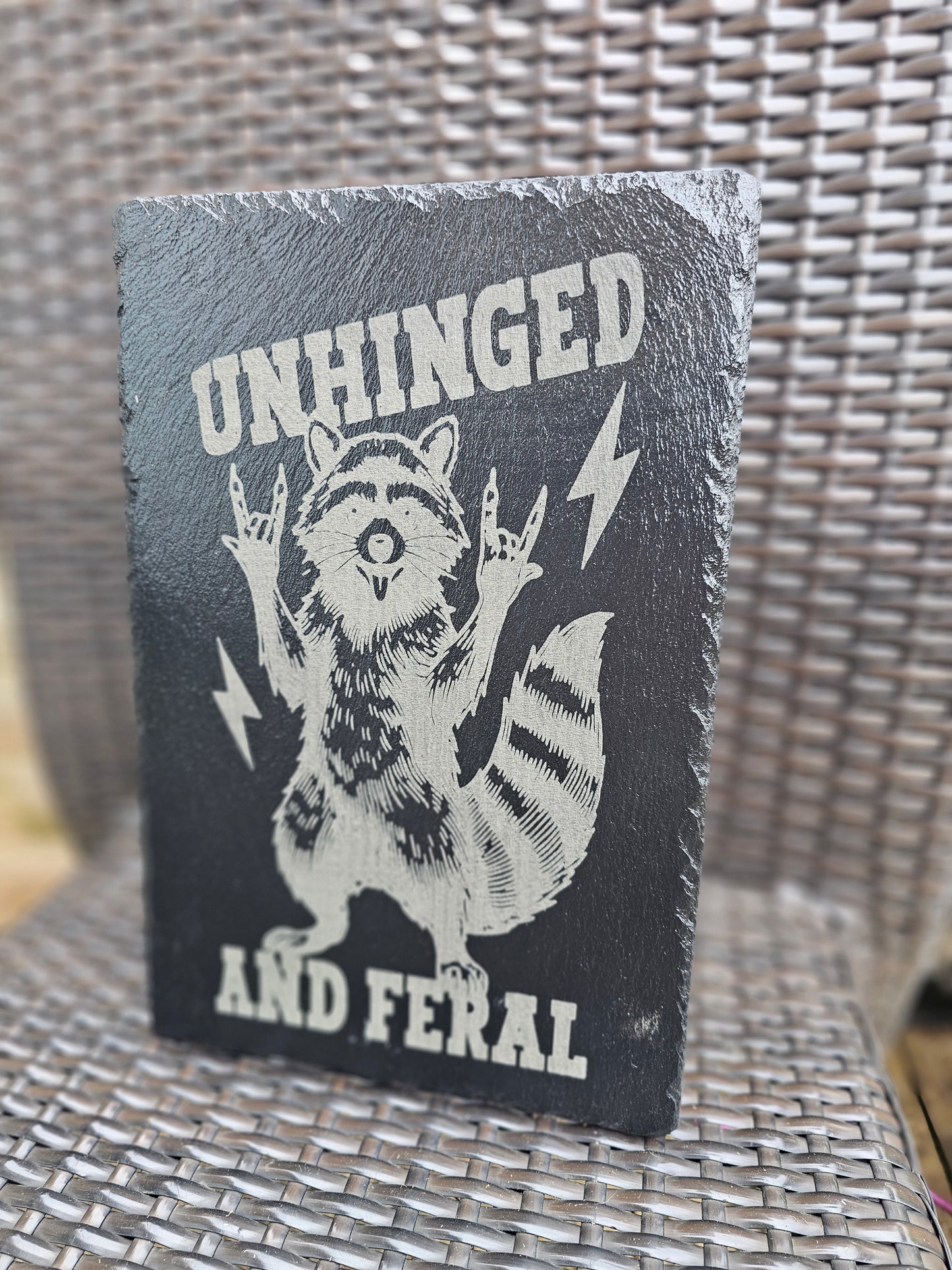 slate Unhinged and Feral Sign – Funny Laser Engraved Raccoon Wall Art