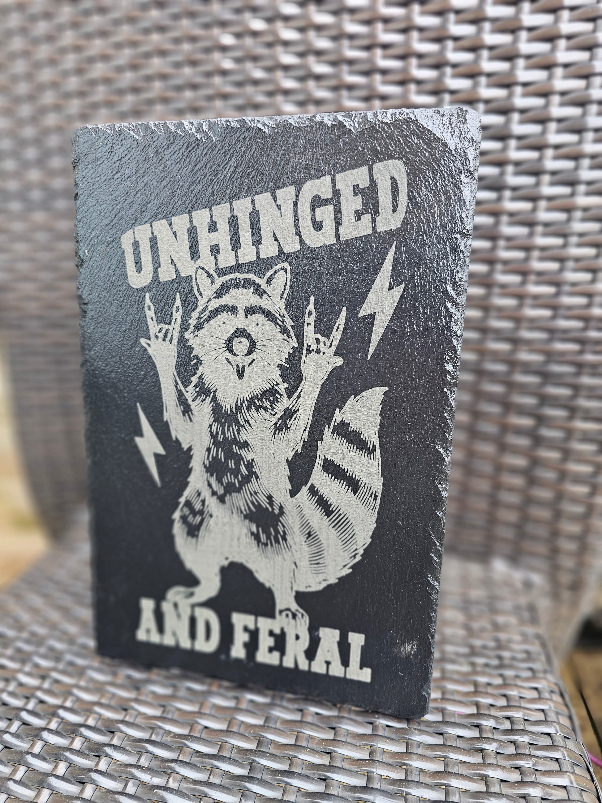 slate Unhinged and Feral Sign – Funny Laser Engraved Raccoon Wall Art