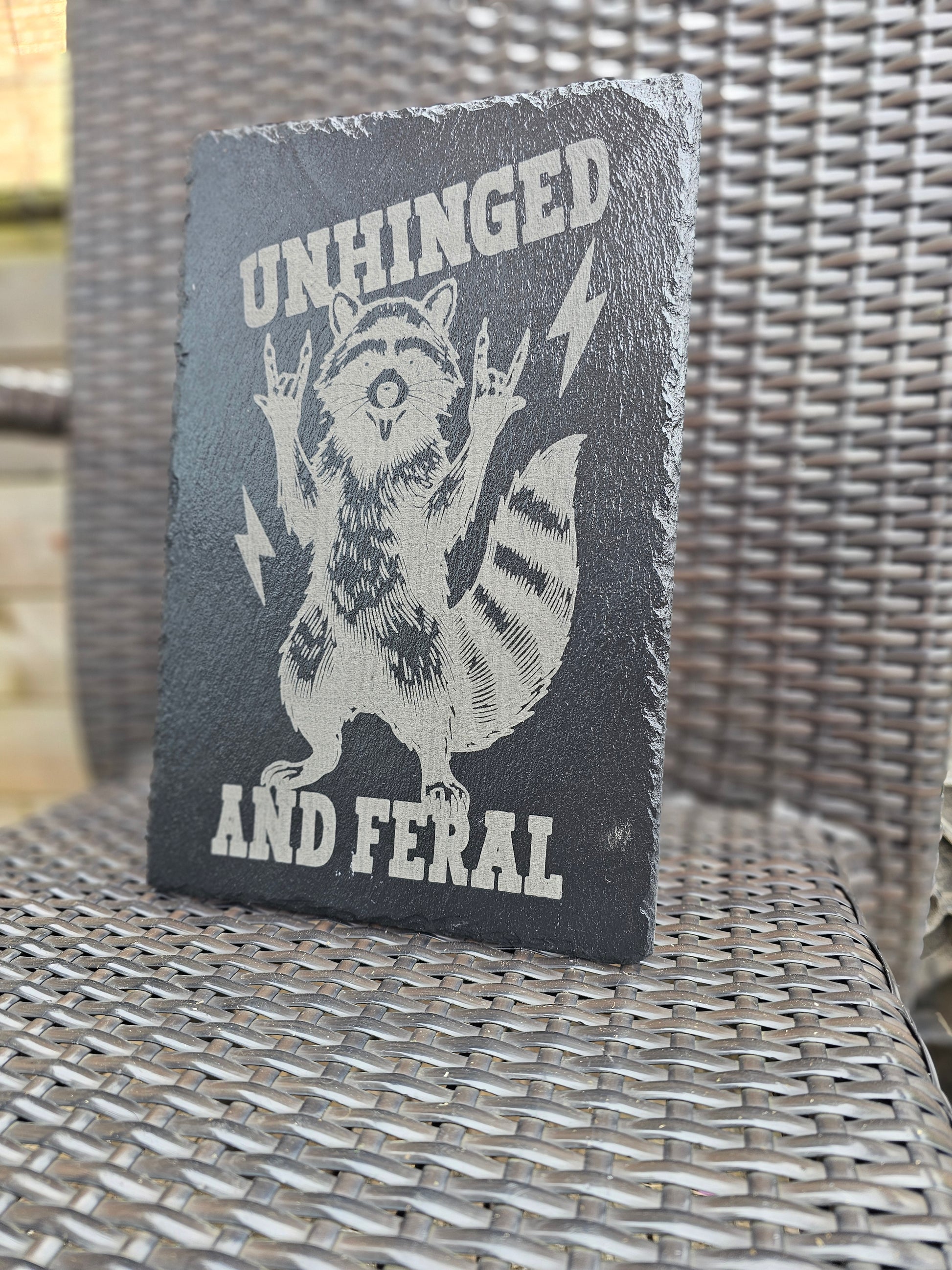 slate Unhinged and Feral Sign – Funny Laser Engraved Raccoon Wall Art