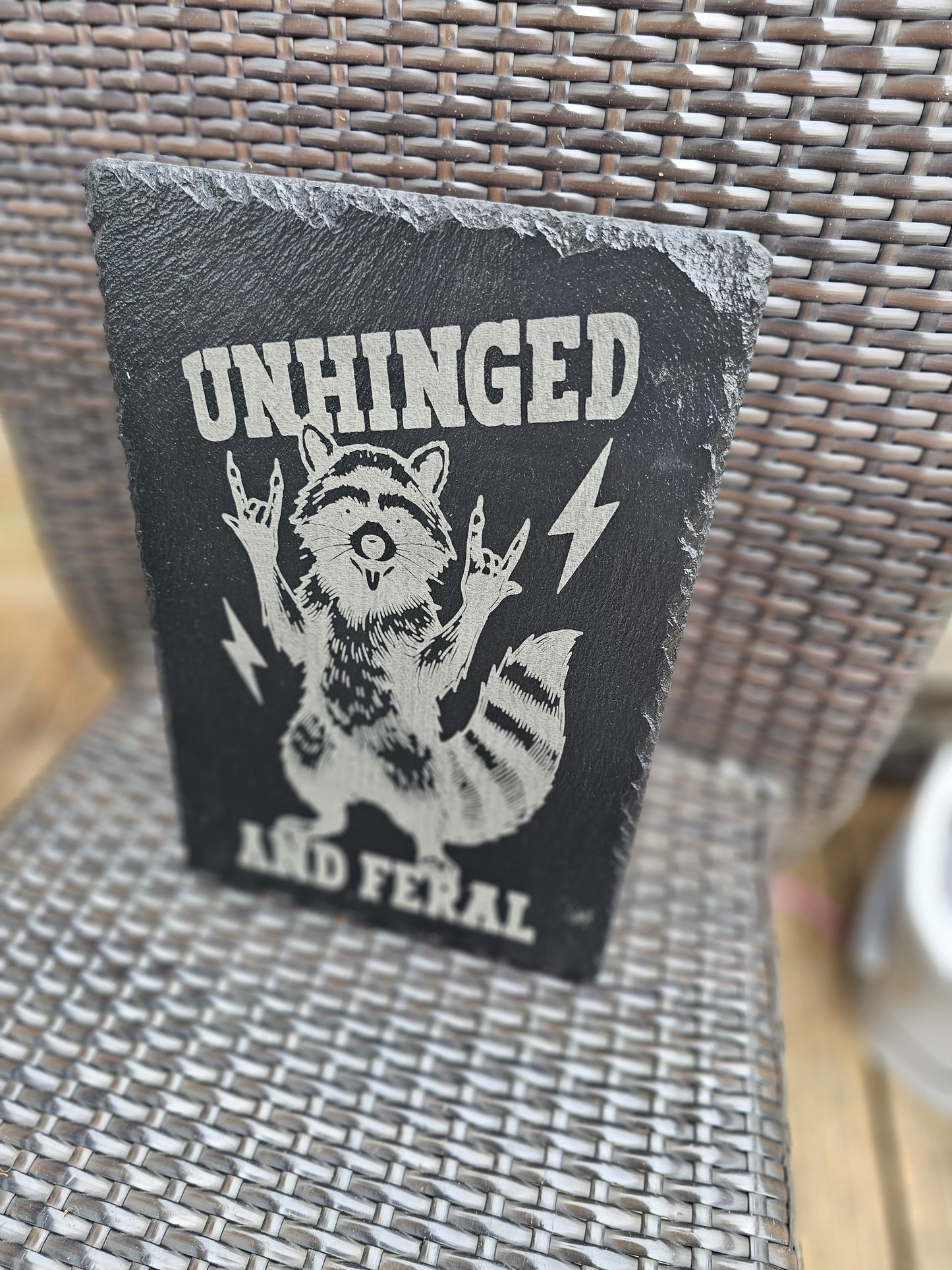 slate Unhinged and Feral Sign – Funny Laser Engraved Raccoon Wall Art
