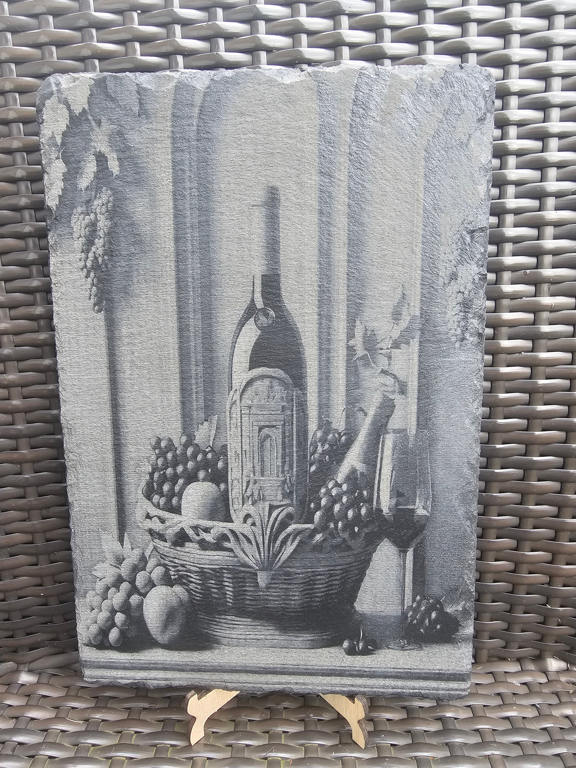 slate Wine Still Life Art – Laser Engraved Rustic Kitchen or Bar Decor