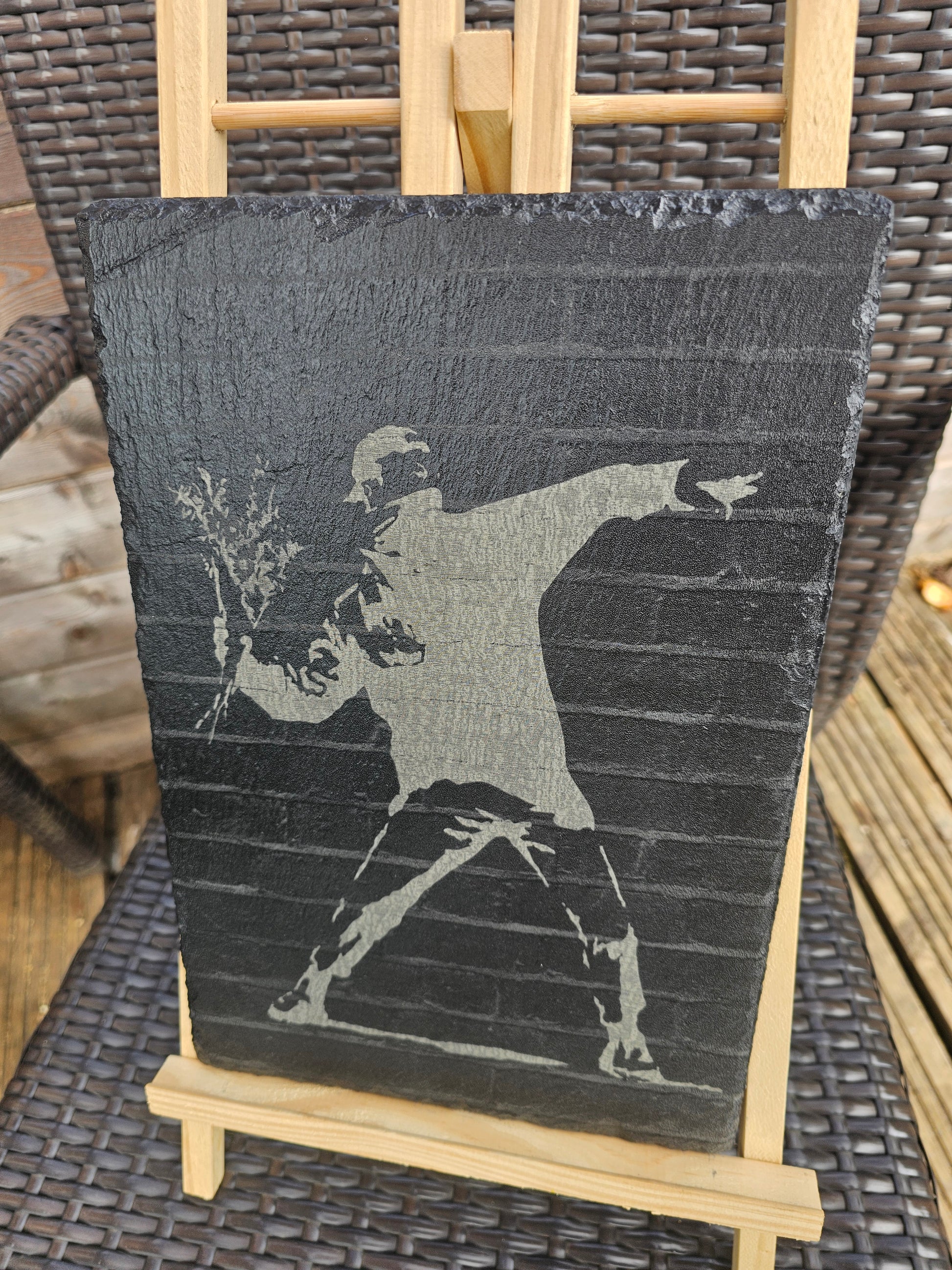 slate art. Banksy Flower Thrower- Laser Engraved Urban Graffiti Decor