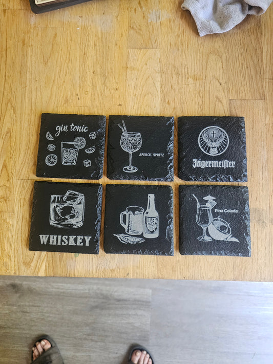 slate Laser Engraved Drinks Coaster Set – 6x Alcohol Designs