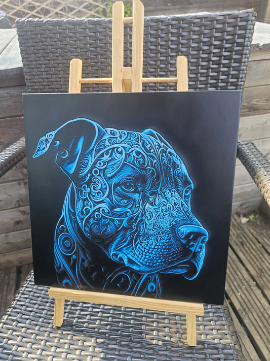 tile Blue Tribal Pitbull Art – Laser Engraved 30cm Tile 3D Effect Dog