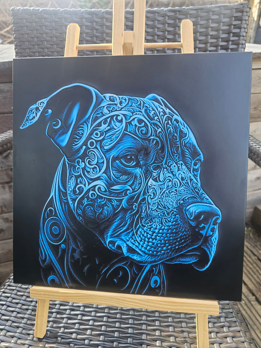 tile Blue Tribal Pitbull Art – Laser Engraved 30cm Tile 3D Effect Dog