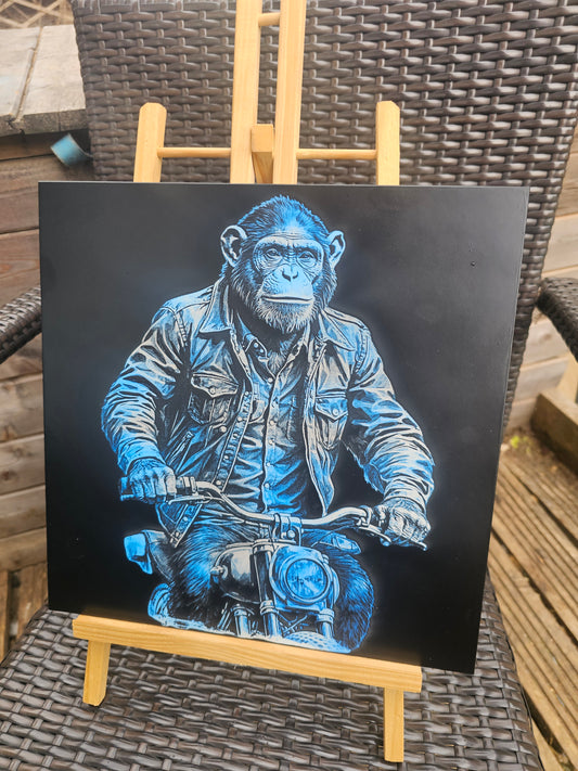 tile Cool Chimp on Motorcycle – Laser Engraved 30cm x 30cm White Tile