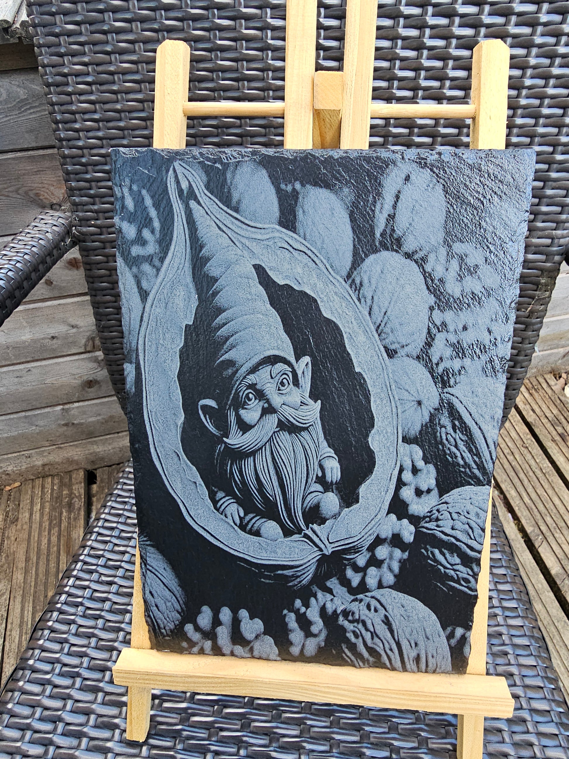 slate Whimsical Gnome in Walnut Shell – Laser Engraved Fantasy Art