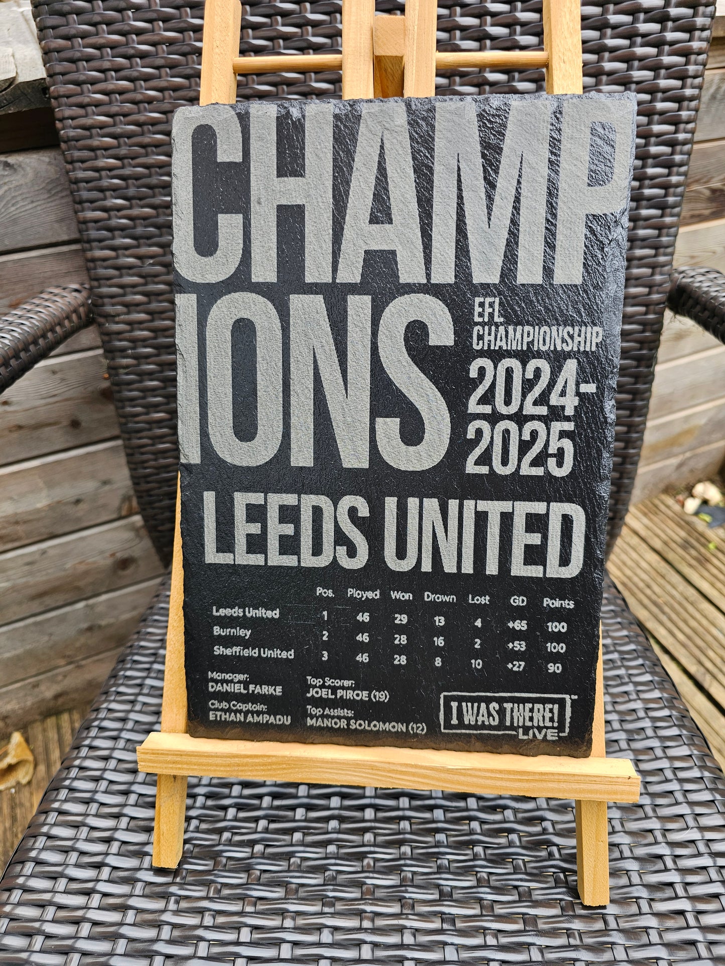 slate Leeds United EFL Champions 2024–2025 Plaque | Laser Engraved
