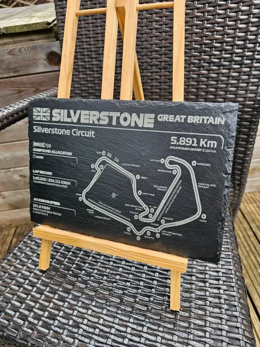 Slate Silverstone Circuit track map plaque showing details of the racing layout and stats.