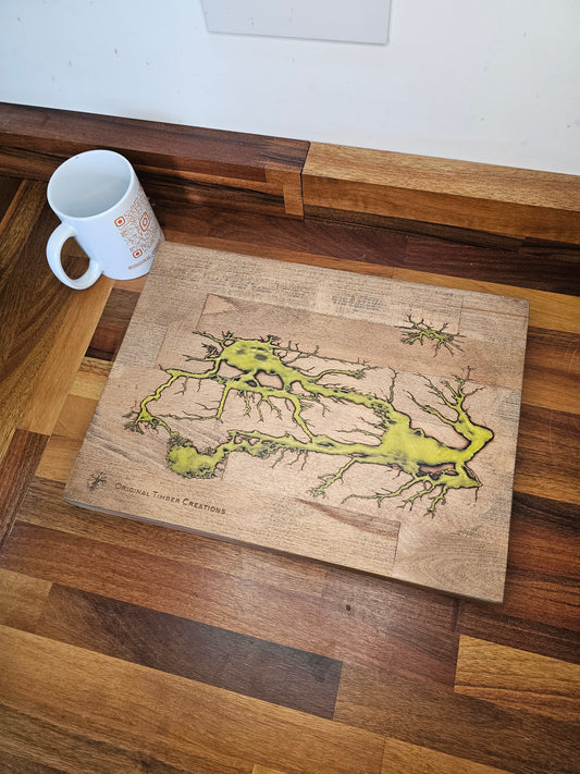 Chopping Board – Yellow Green Resin Fractal Burn 350 × 260 × 38mm