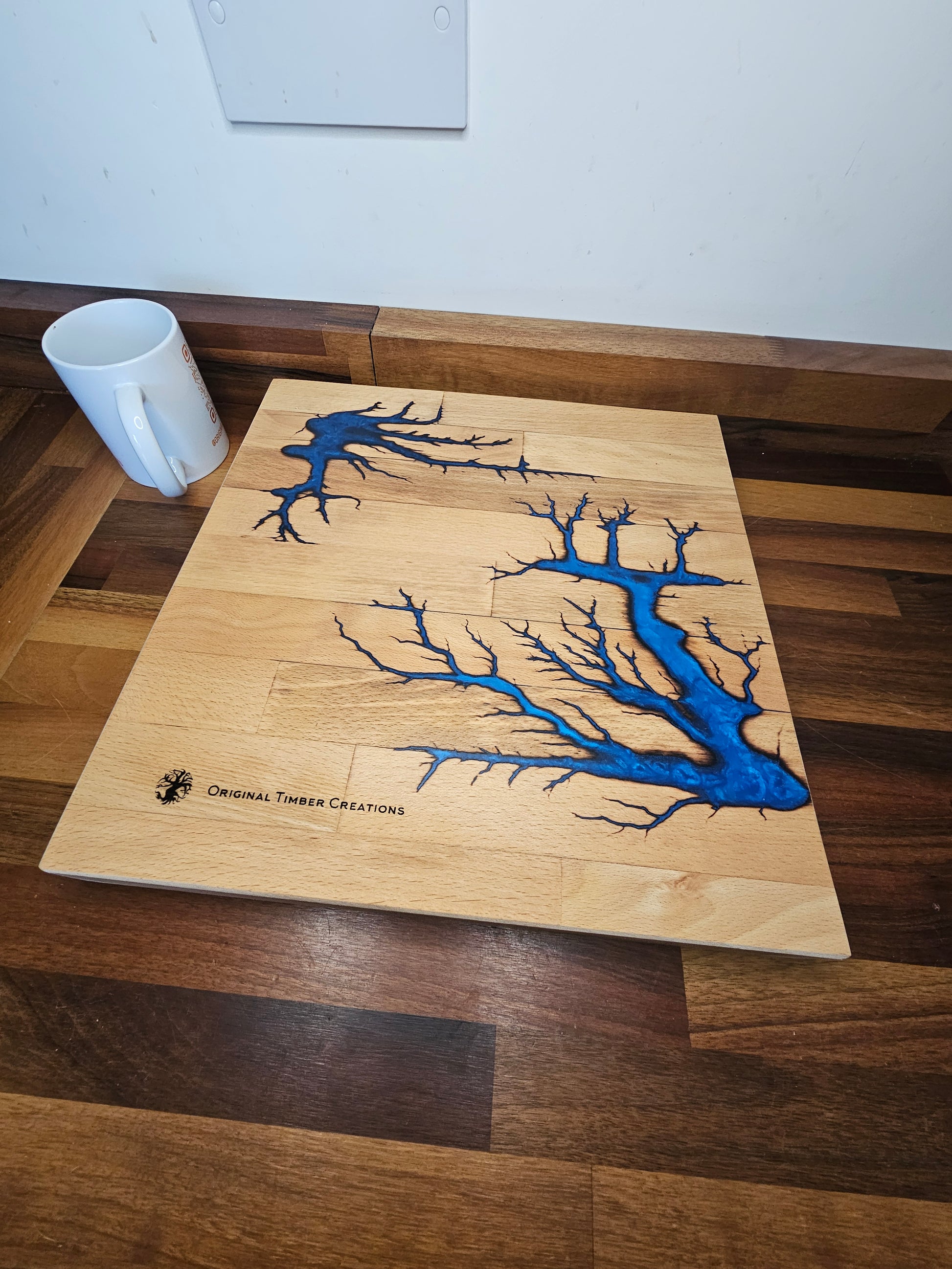 Chopping Board – Blue Resin Fractal Burn 340 × 350 × 38mm
