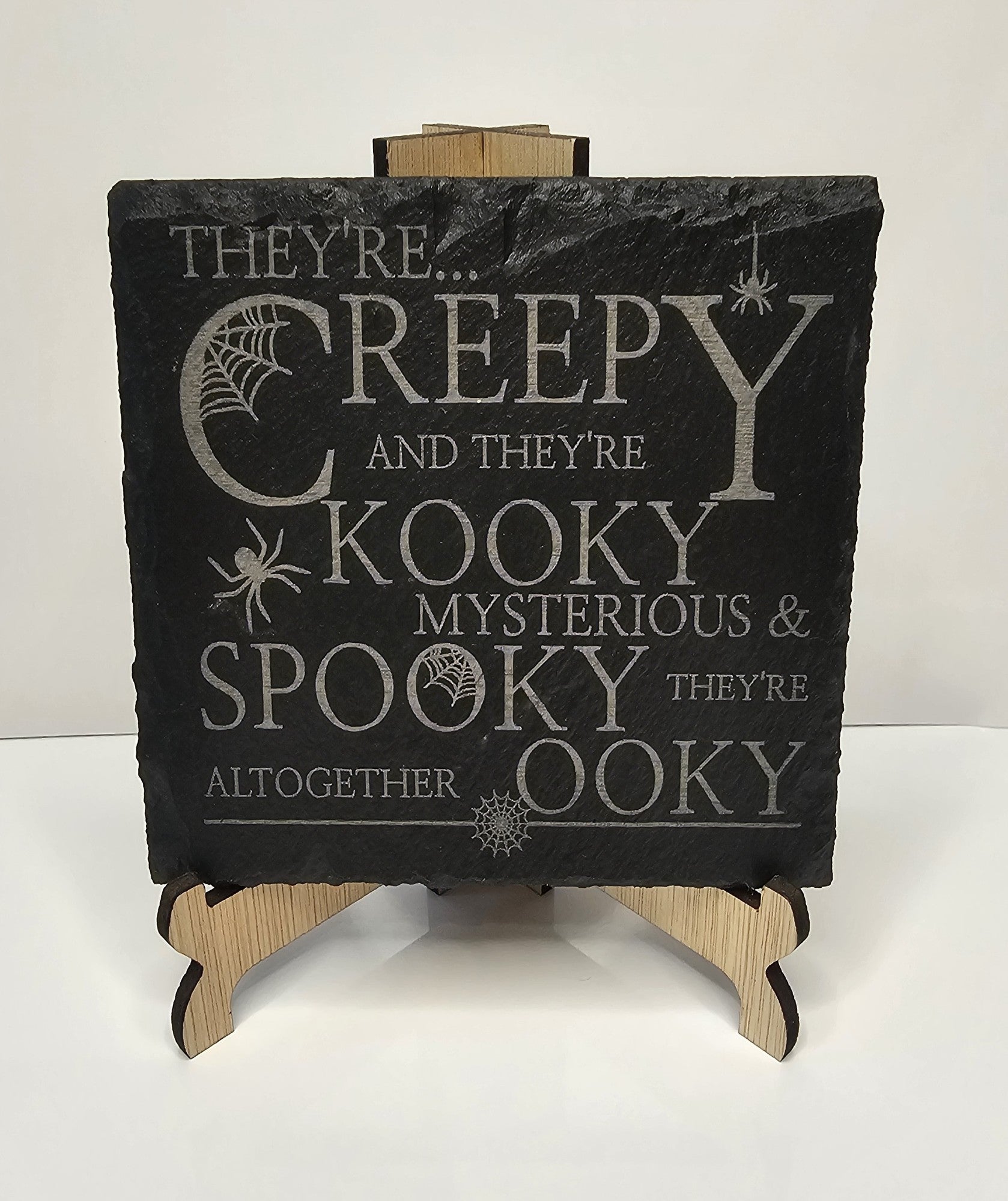 slate “They’re Creepy and They’re Kooky” Coasters – Laser Engraved