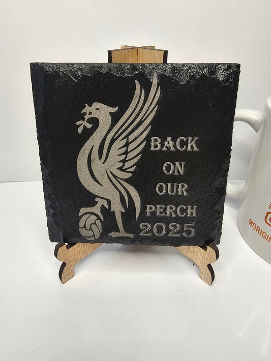 slate “Back On Our Perch 2025” Coasters – Laser Engraved Liver Bird