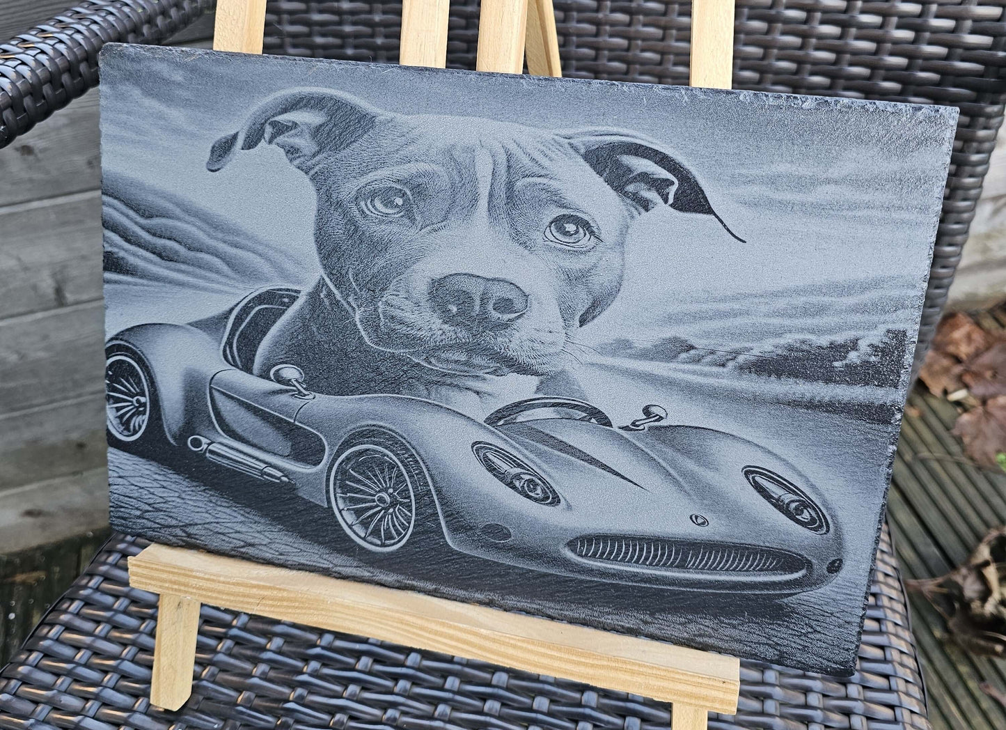 Slate Plaque Dog in Sports Car Engraved Slate Plaque Handmade UK Gift