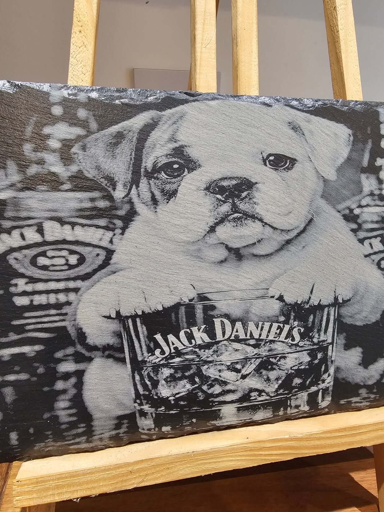 Funny Bulldog Jack Daniels Slate Plaque featuring a bulldog pup with a whiskey glass.