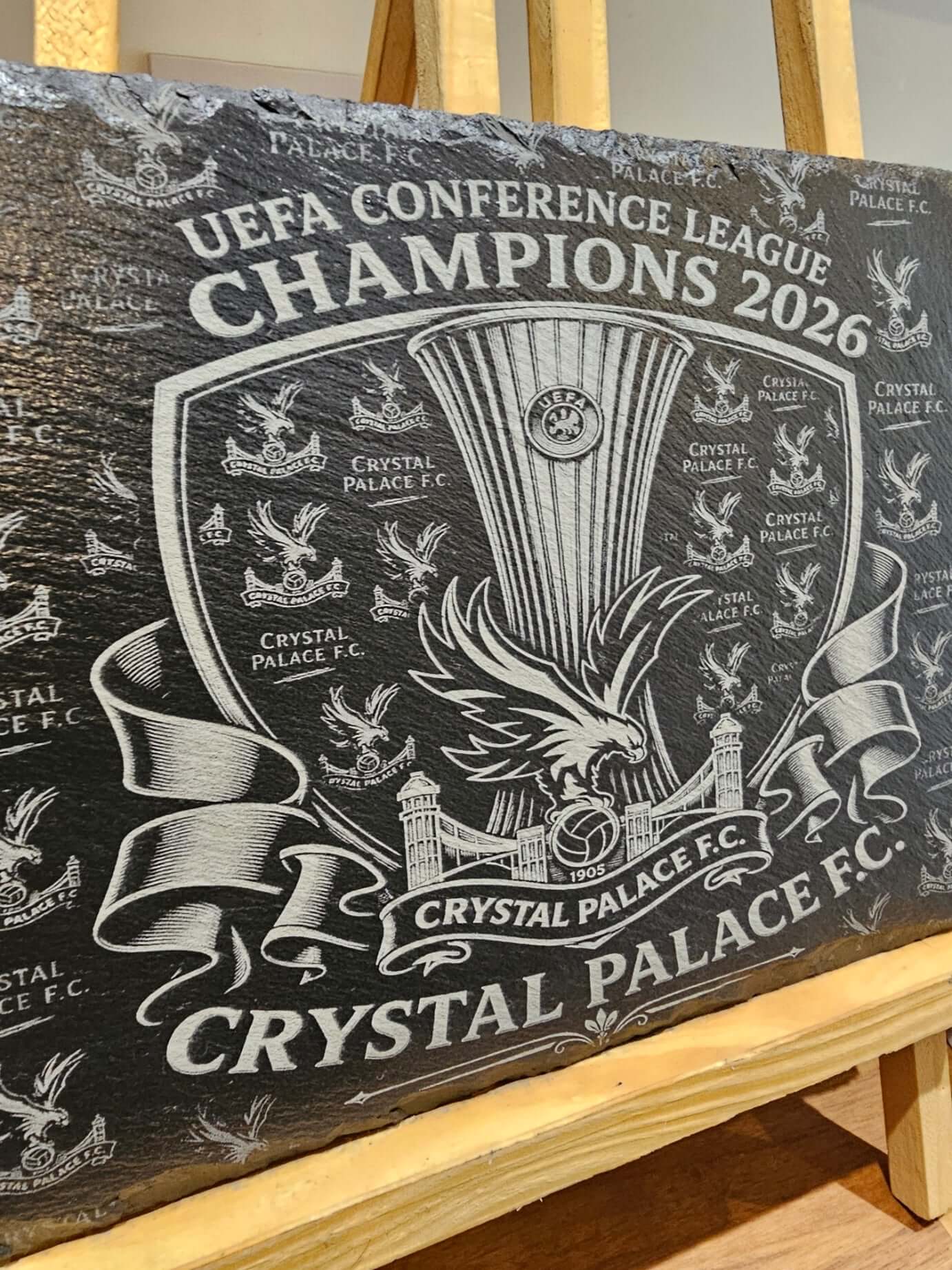 Crystal Palace UEFA Conference League Champions 2026 engraved slate plaque with trophy and crest design