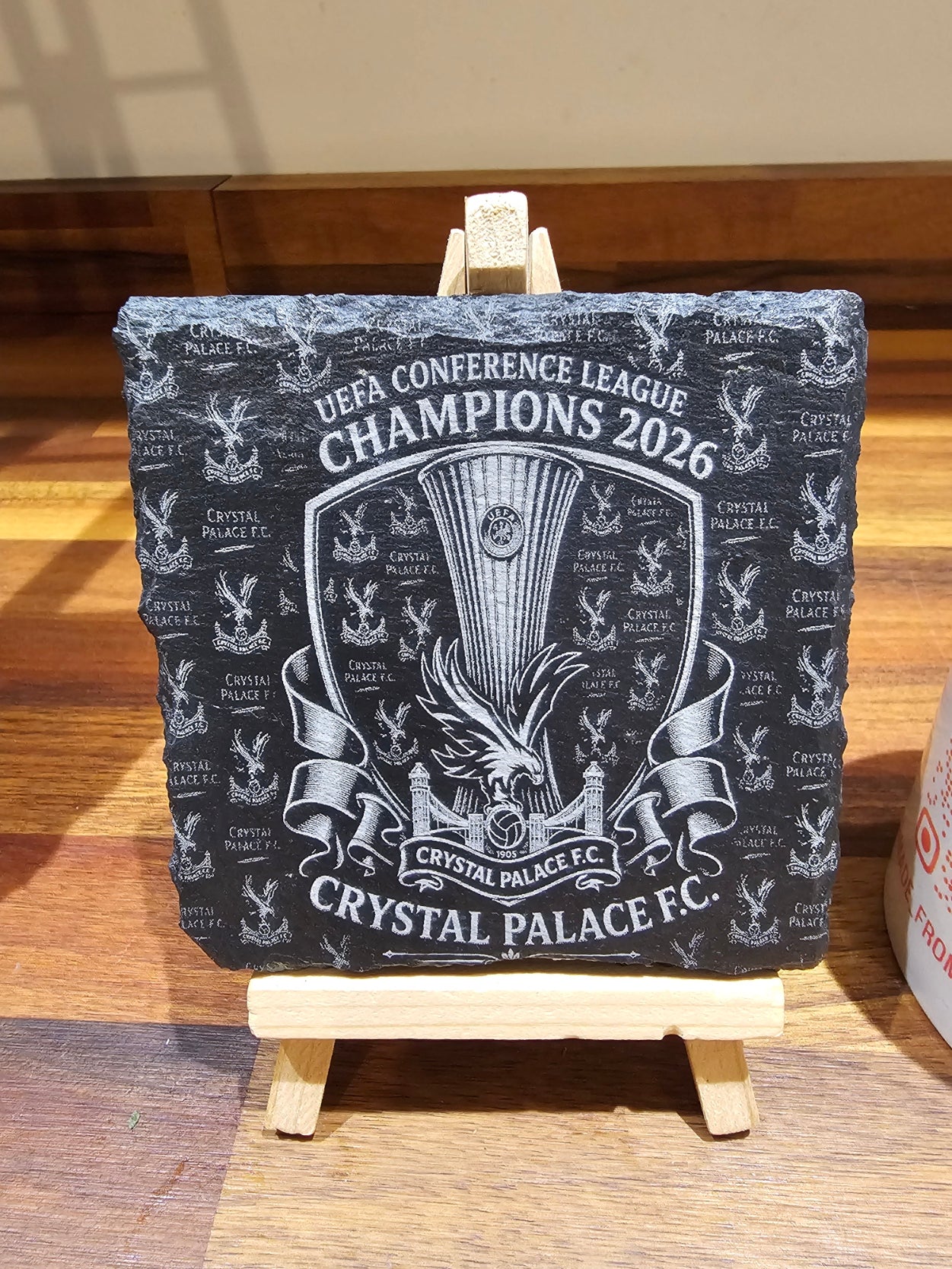 Crystal Palace UEFA Conference League Champions 2026 natural slate coaster with engraved design.