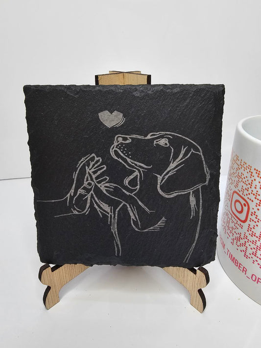 slate “Dog & Hand Heart Outline – Laser-Engraved Slate Coasters |