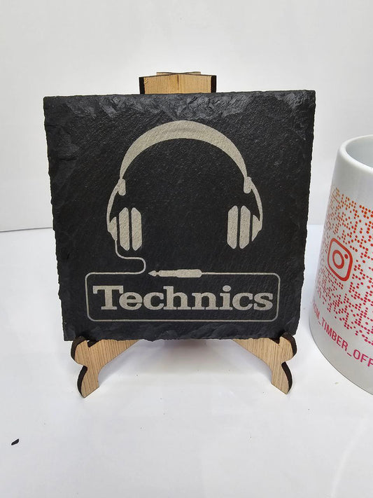 slate “Technics Headphones – Laser-Engraved Slate Coasters | 10cm