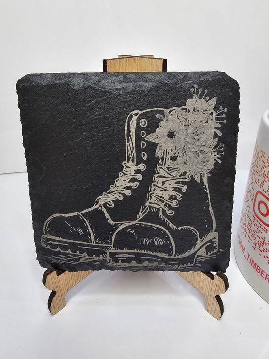 slate “Boots & Flowers – Laser-Engraved Slate Coasters | 10cm x 10cm