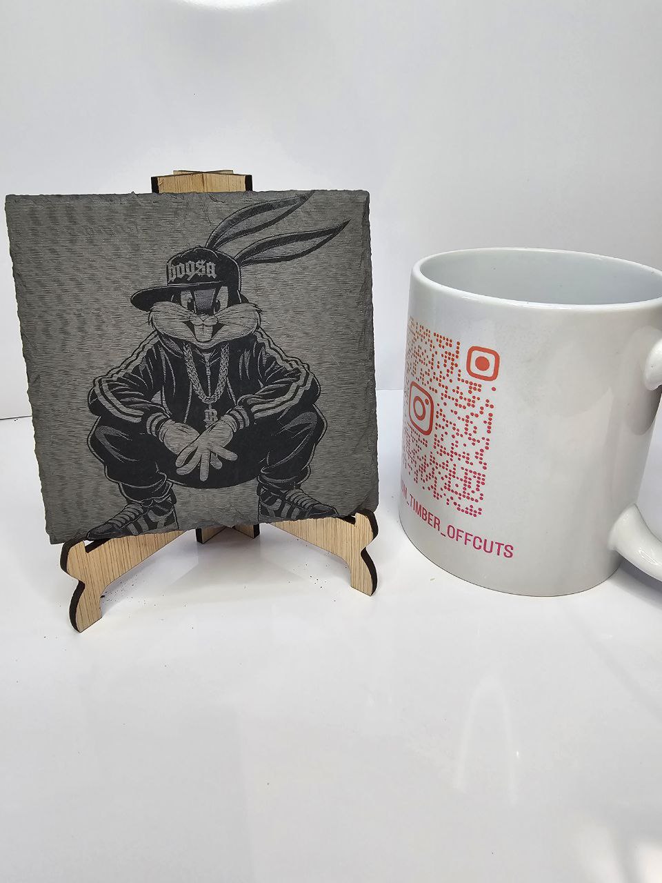 slate “Hip Hop Bunny Laser-Engraved Coasters – Set of 6 | 10cm x 10cm