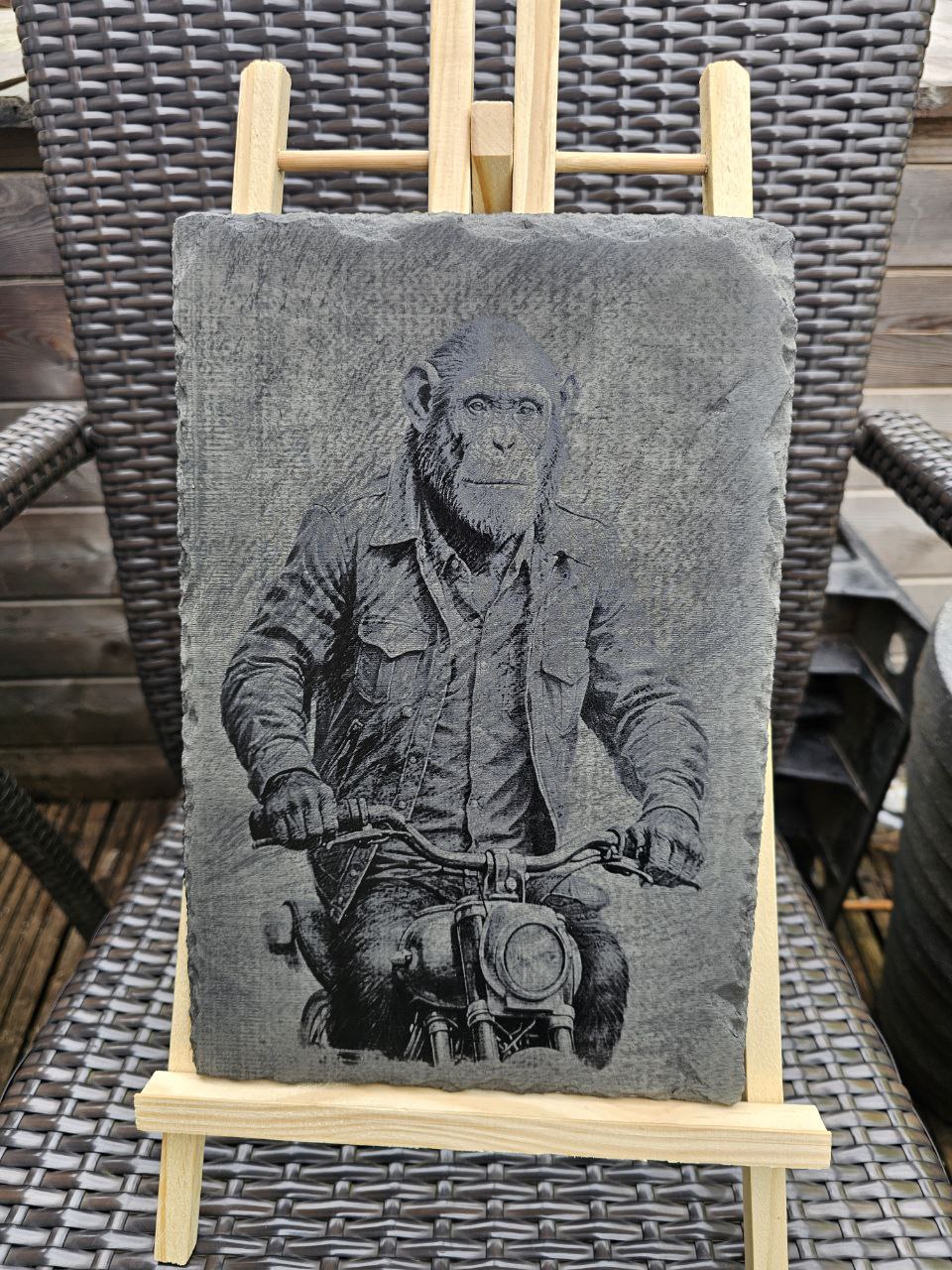 slate Funny Biker Chimp Art Laser Engraved Animal Plaque for Man Cave