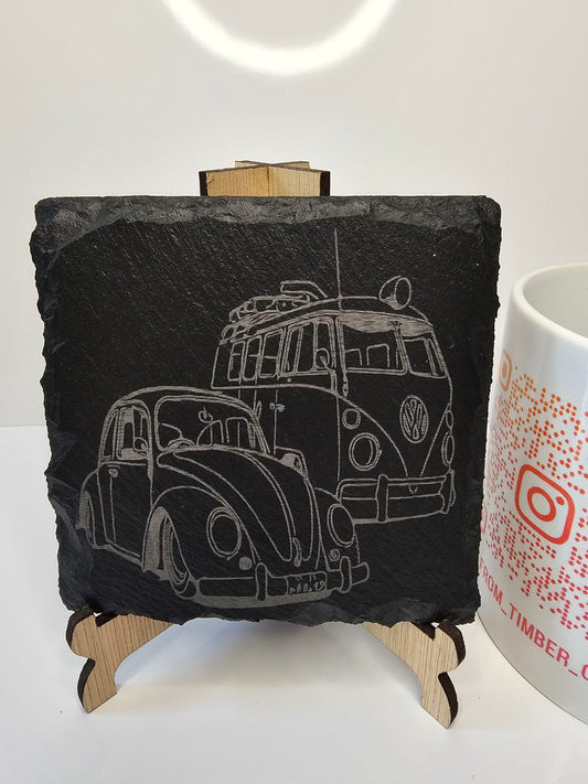 Slate VW Beetle & Camper Van Engraved Slate Coasters | Handmade Set