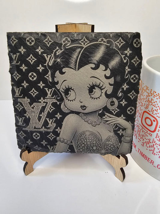 slate Betty Boop LV Style Fan Art Engraved Coasters | Handmade Set