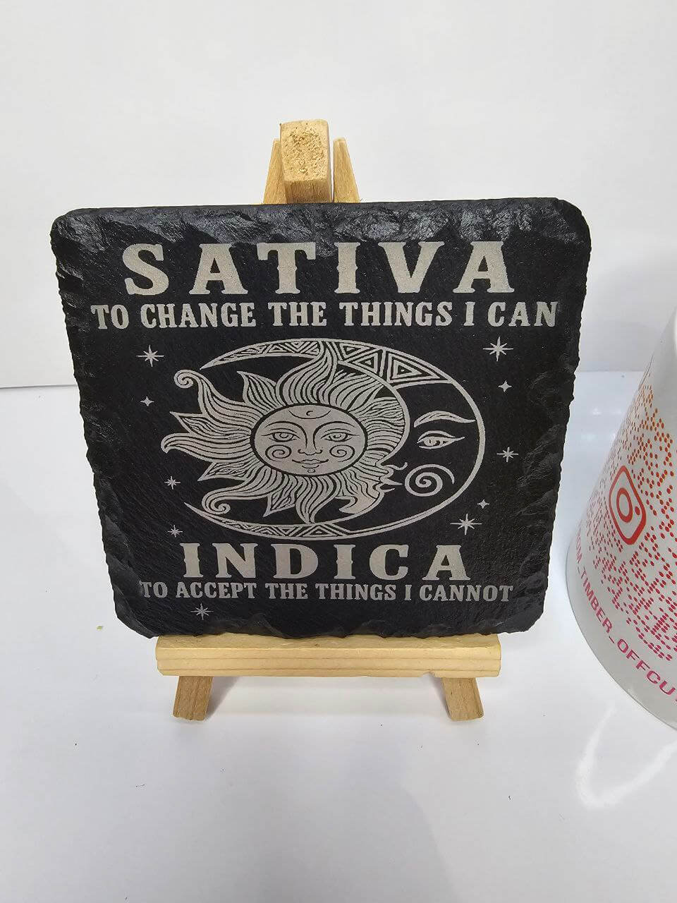 slate Sativa / Indica Coaster – Funny Cannabis Quote Design | Handmade