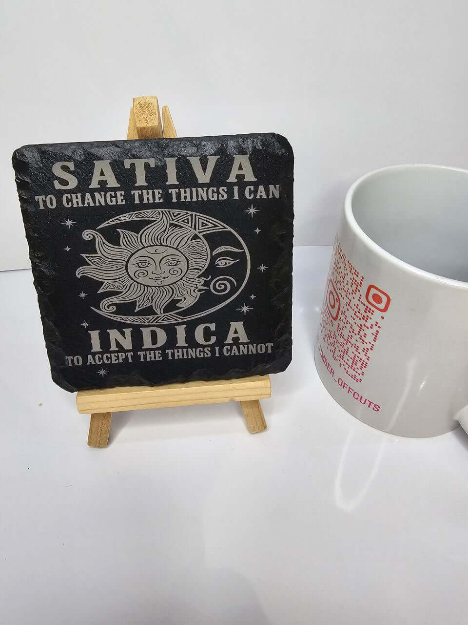 slate Sativa / Indica Coaster – Funny Cannabis Quote Design | Handmade