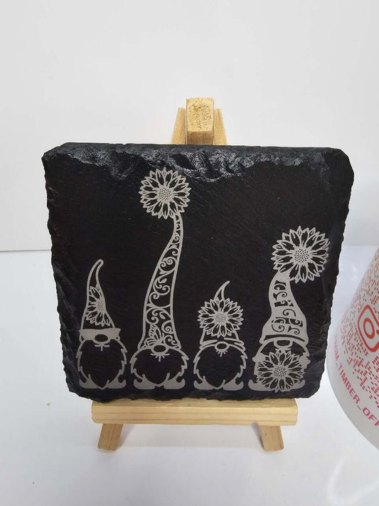 slate Sunflower Gnomes Coaster – Cute Garden Design | Handmade 10cm