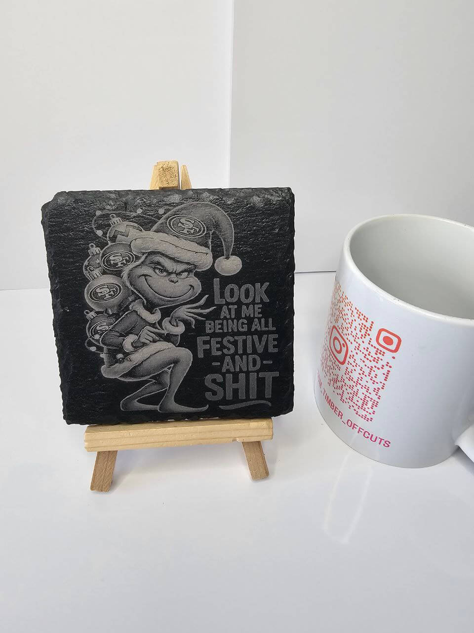 slate Festive & Sh*t – Funny Grinch-Style Engraved Slate Coaster