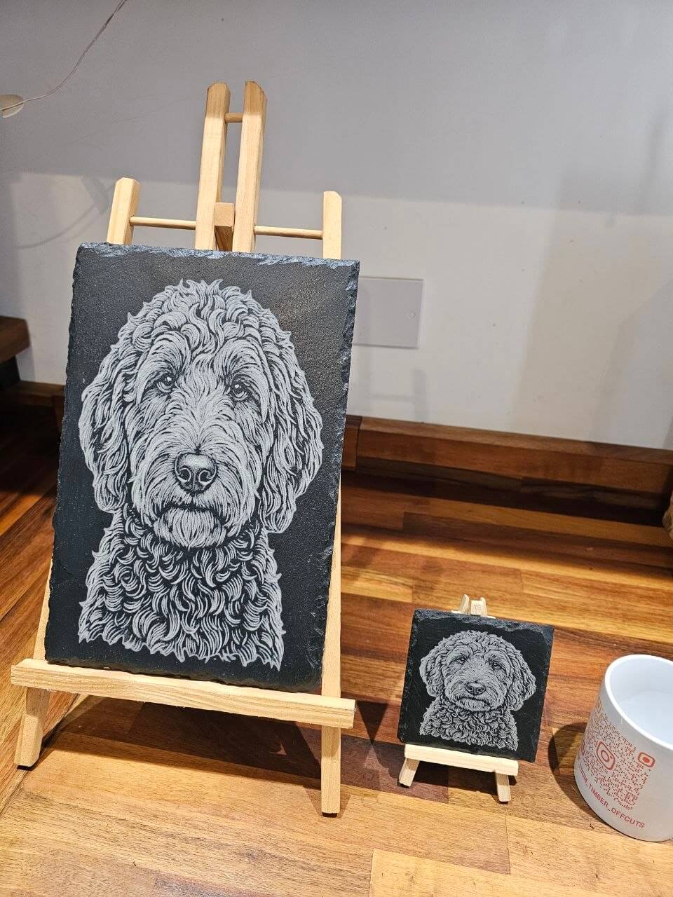 Personalised Dog Portrait Slate Plaque featuring an engraved detailed dog illustration on a slate background.