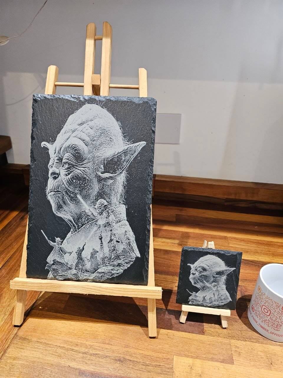Slate plaque Yoda laser engraving showcasing Yoda's detailed portrait, handmade in the UK, 30cm x 20cm.