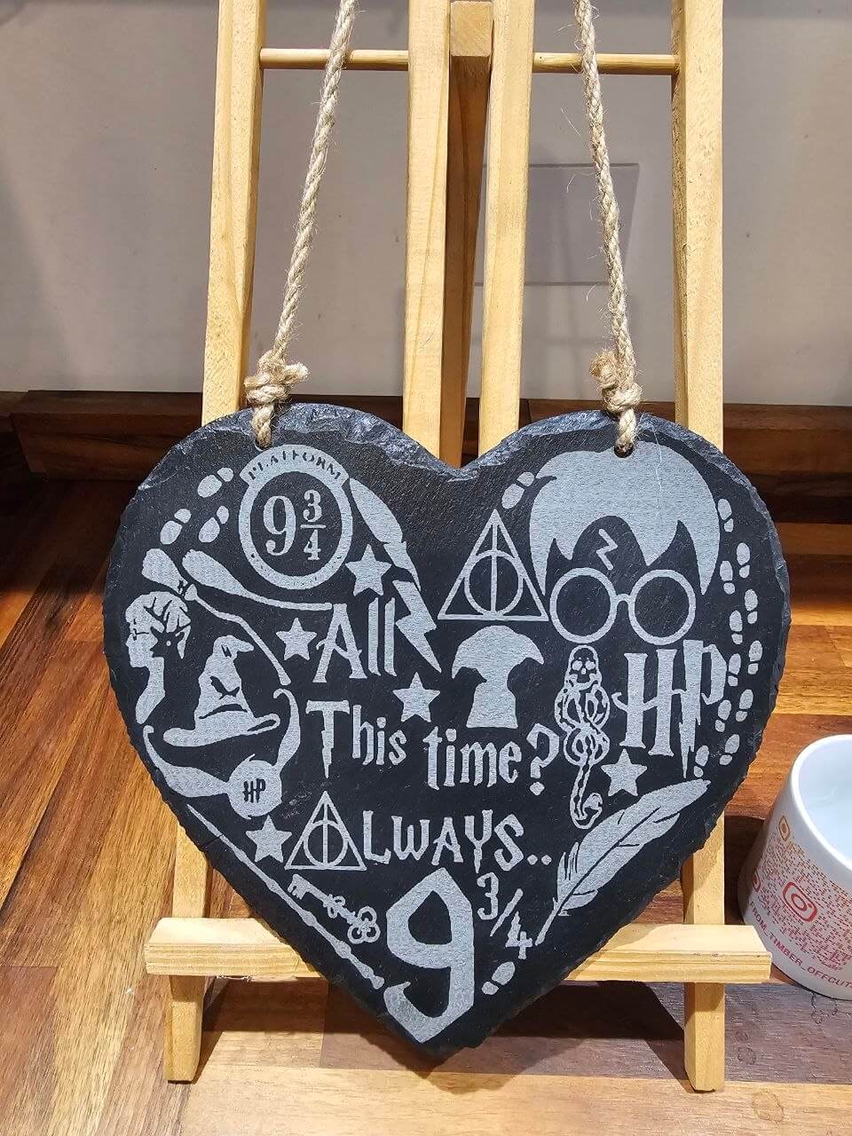Handmade 25cm x 25cm Engraved Heart slate plaque featuring Harry Potter symbols and quotes.