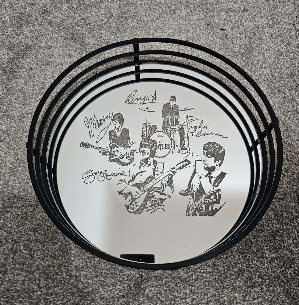 30cm round mirror featuring The Beatles' illustrations and signatures, perfect as a mirror vanity tray.