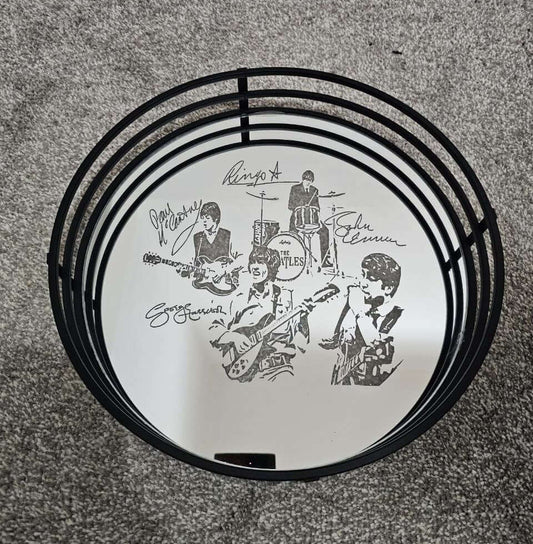 30cm round mirror featuring The Beatles' illustrations and signatures, perfect as a mirror vanity tray.