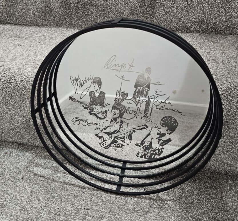 Mirror vanity tray featuring The Beatles' engraved illustration and signatures, perfect for collectors and fans.