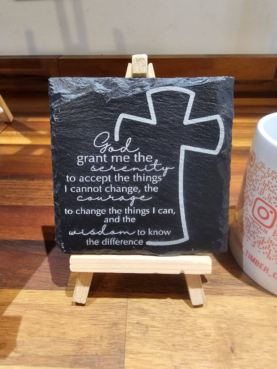 Engraved Slate Coaster. Serenity Prayer Cross 10cm x 10cm with elegant typography and engraved cross design.